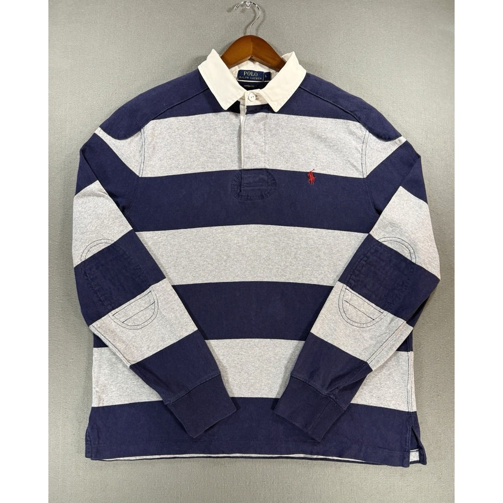 Vintage Polo Ralph Lauren Striped Long Sleeve Rugby Navy And Gray Mens Size L